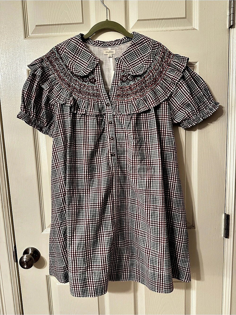 Anthropology Pilcro Smocked Plaid Mini Dress Girls Medium (8) Red & Blue